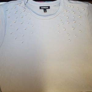 Express light grey t shirt with pearl embellishmen